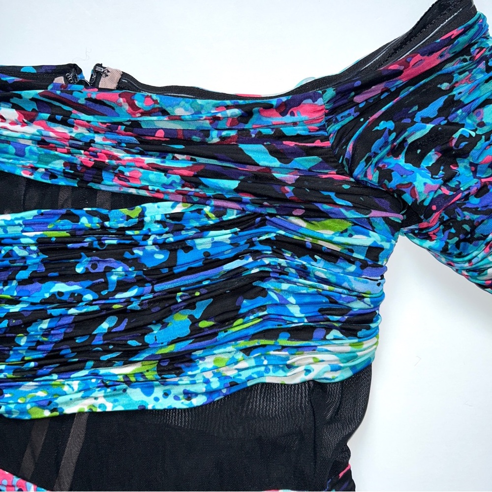 BCBG MaxAzria Runway Dutch Blue Print Jersey‎ Mesh Cap Sleeve Bodycon Dress M - Picture 5 of 16